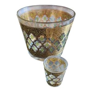 Vintage MCM Culver Valencia 22k Gold Green Diamond Ice Bucket And Shot Glass